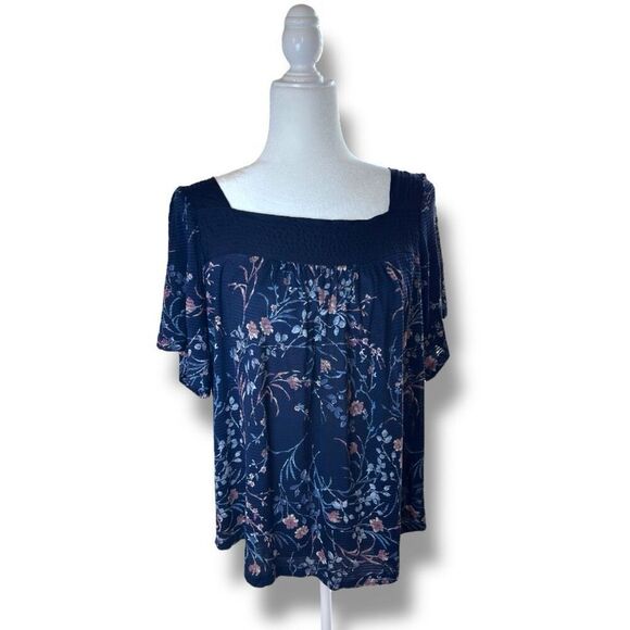 Lucky Brand Navy Floral Woman’s Blouse Sz L - Picture 1 of 9